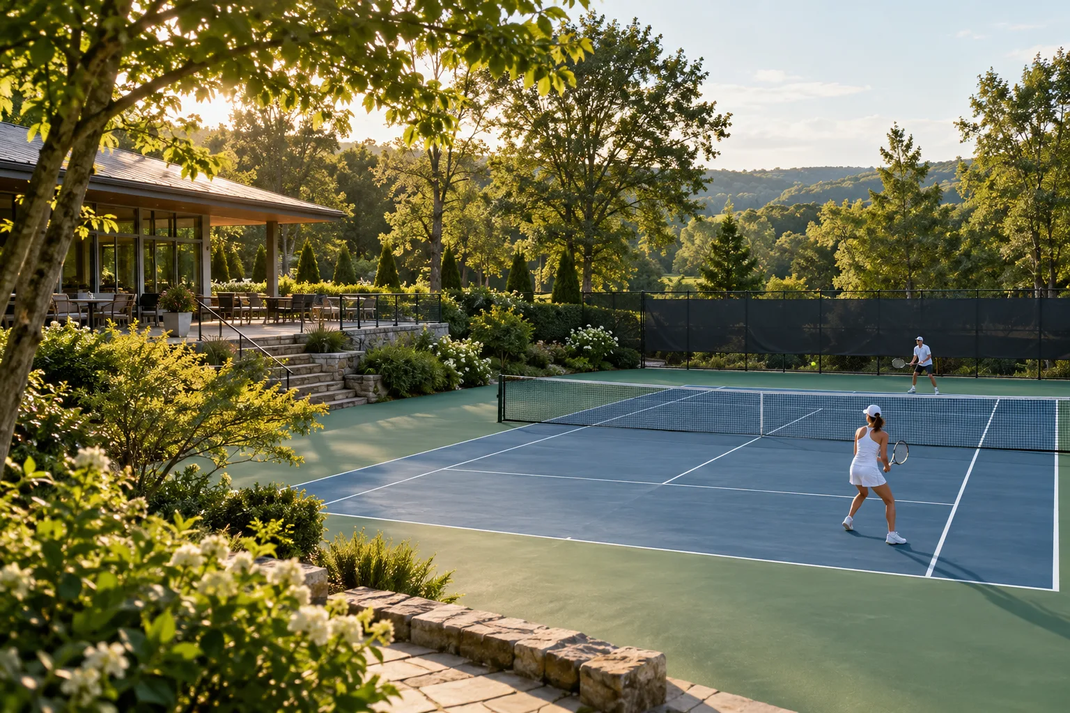 Tennis players beside a clubhouse in the afternoon sun